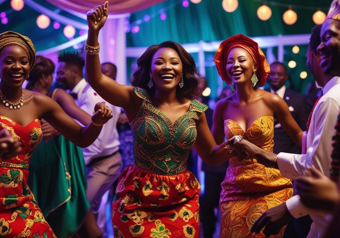 create realistic images of A wedding party with nigerian guests dancing and having fun...
